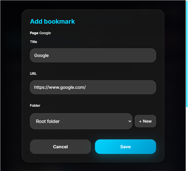 Adding a bookmark to a selected folder in Holy Private Bookmarks