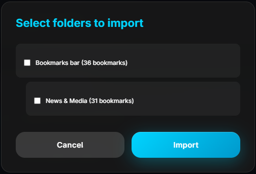 Selective folder import from Chrome in Holy Private Bookmarks