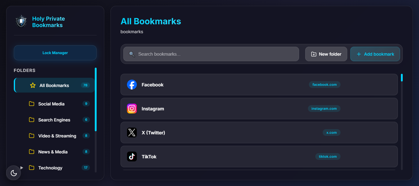 Bookmark manager with list view and favicons in Holy Private Bookmarks