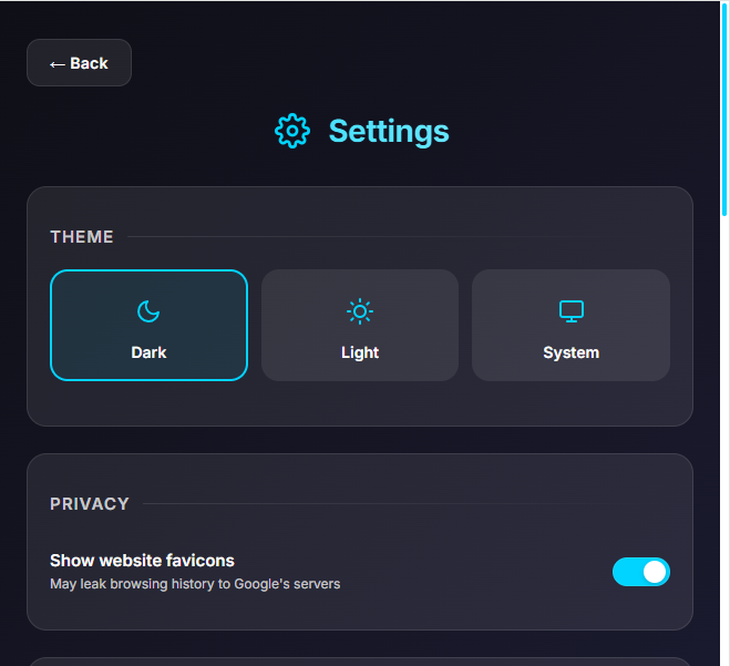 Settings panel with theme selector in Holy Private Bookmarks